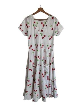 Dress Addict Cherry Print V-Neck Midi Dress in White and Red
